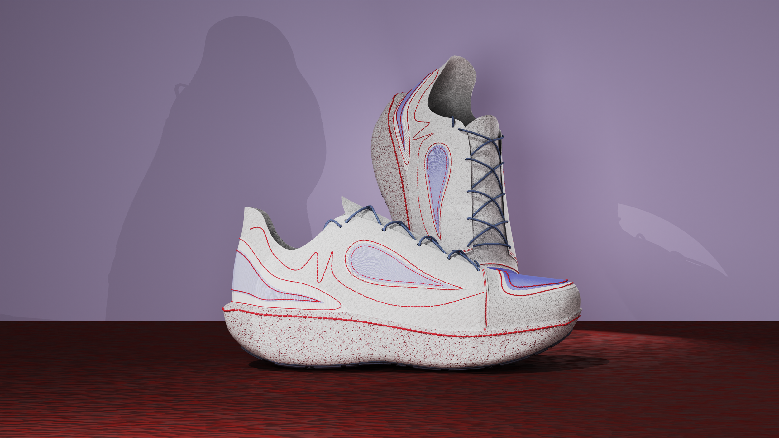 Blender renders of a theoretical running shoe design joined using exclusively stitching.