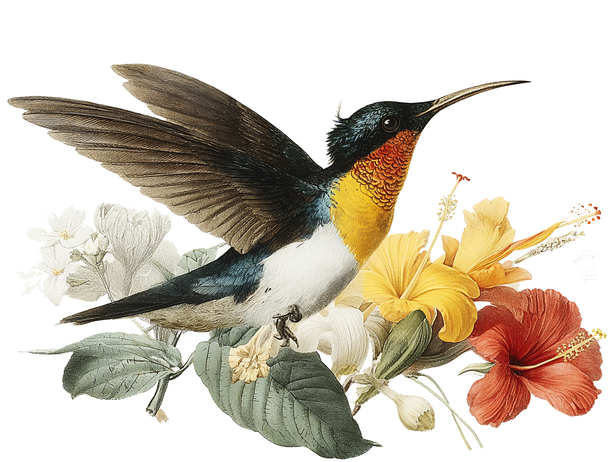 Image of flying hummingbird and flower