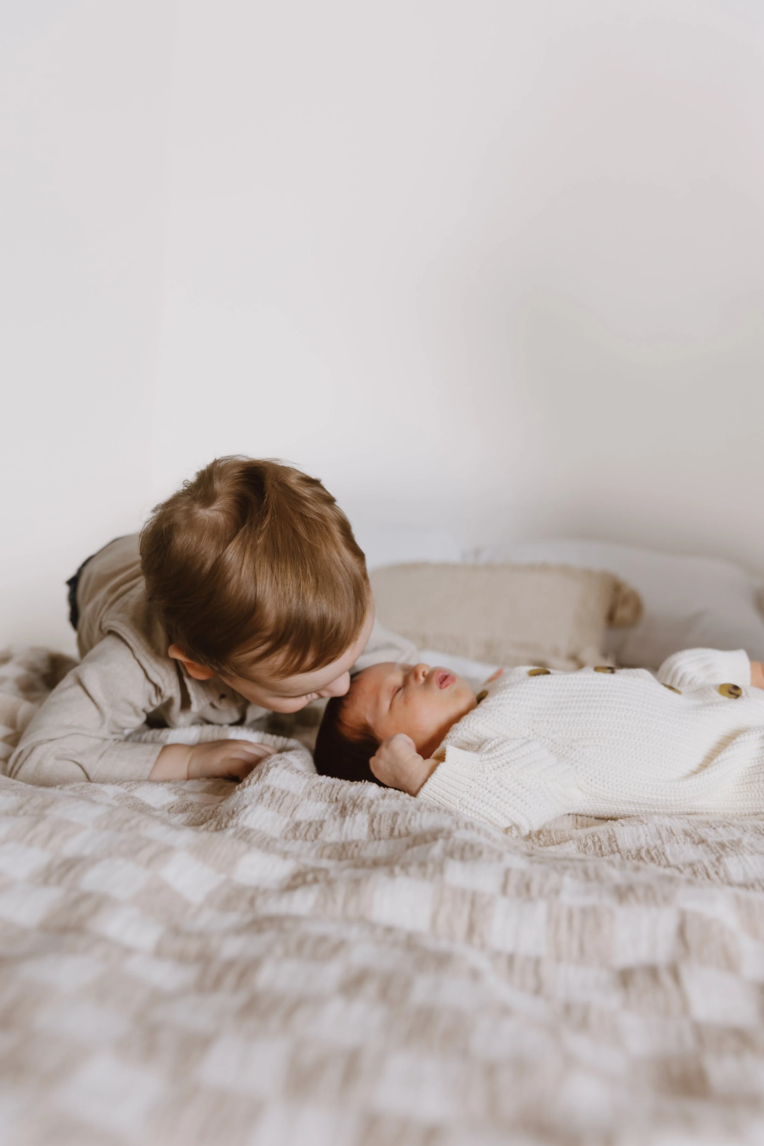 toddler kissing newborn baby brother during family photo session