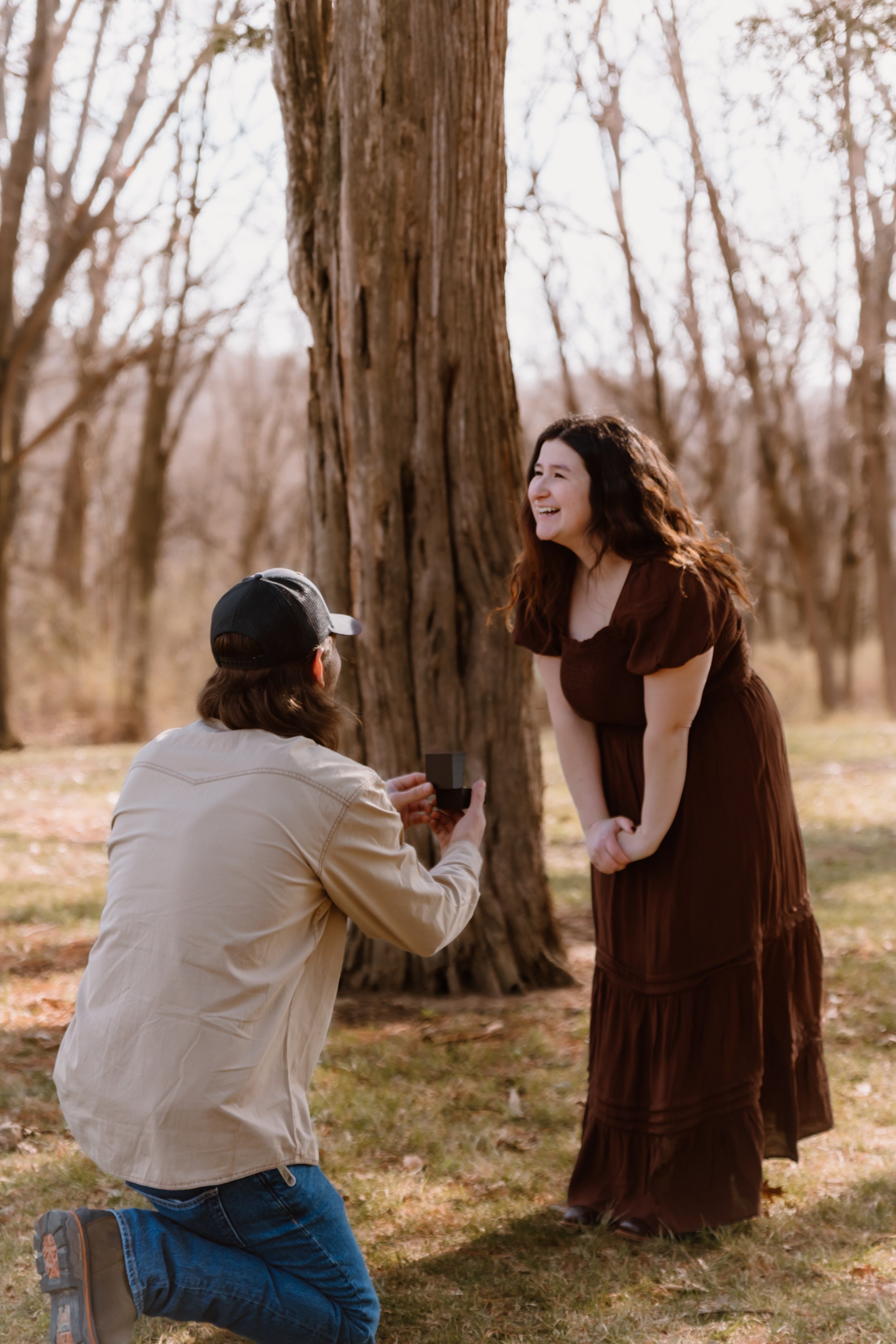 family of five posing together in wooded area central illinois