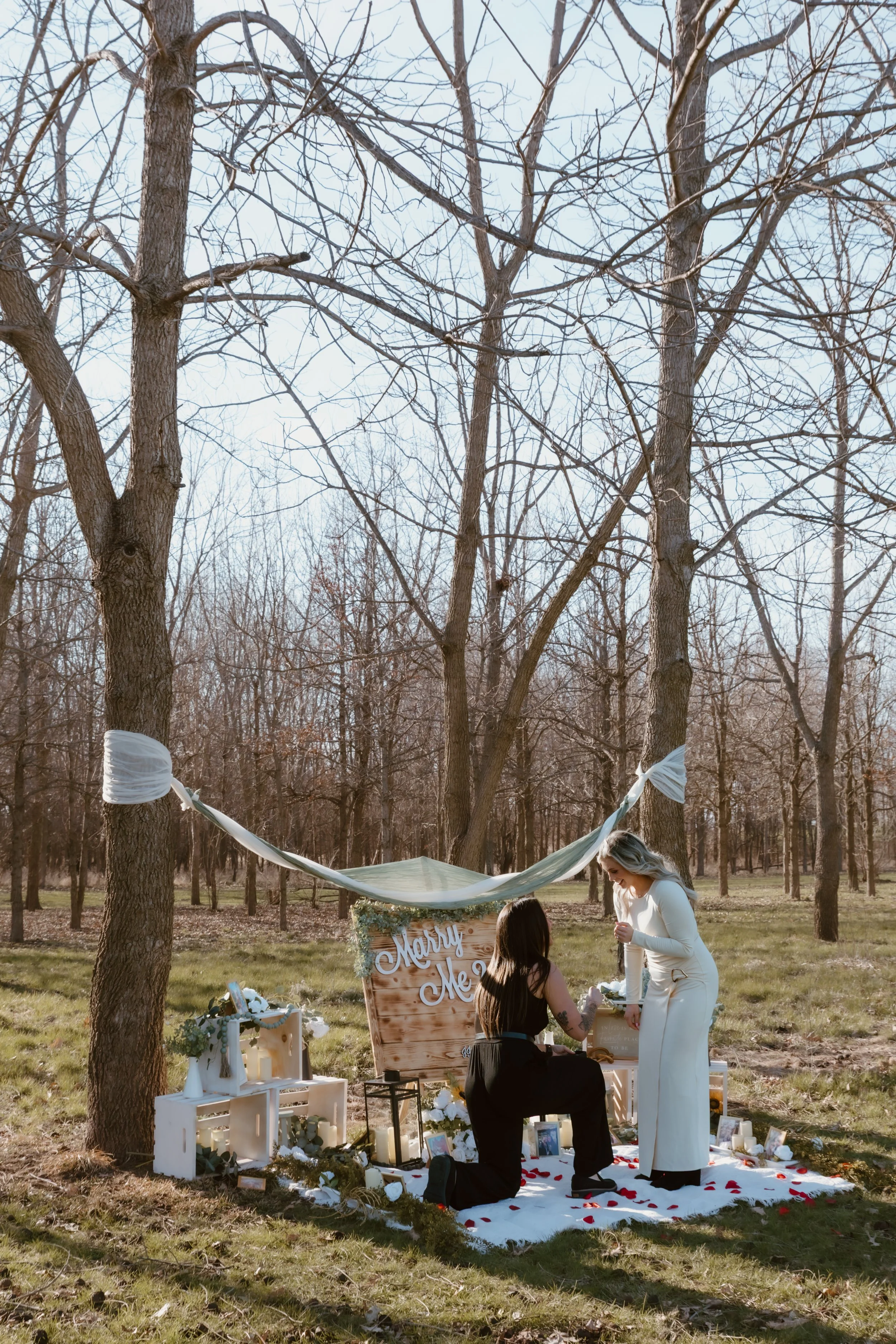 romantic outdoor proposal setup with marry me sign candles and flowers peoria illinois