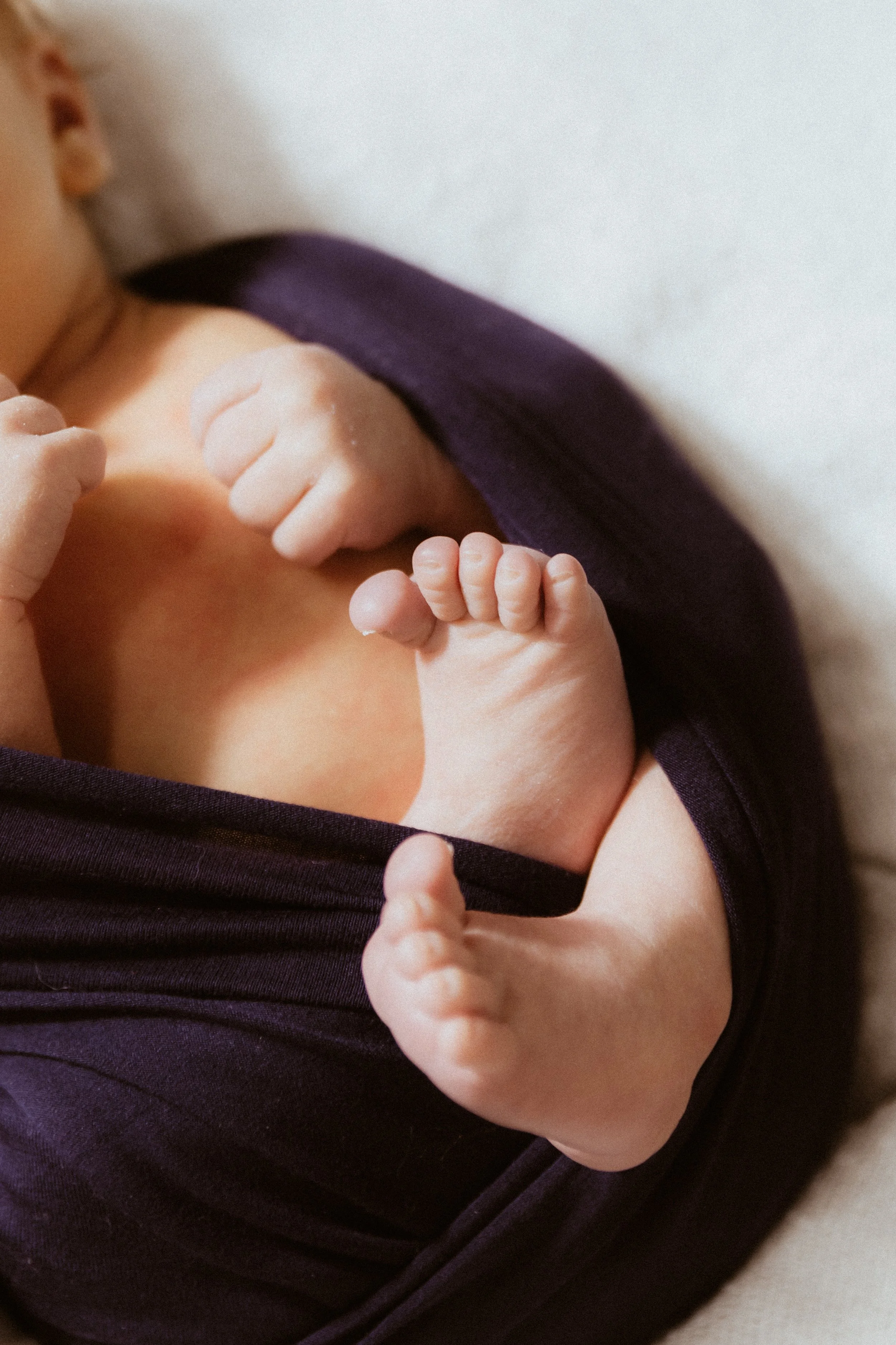 Close-up of a newborn baby's tiny feet and hand, lying on a soft surface while partially wrapped in a dark purple fabric.