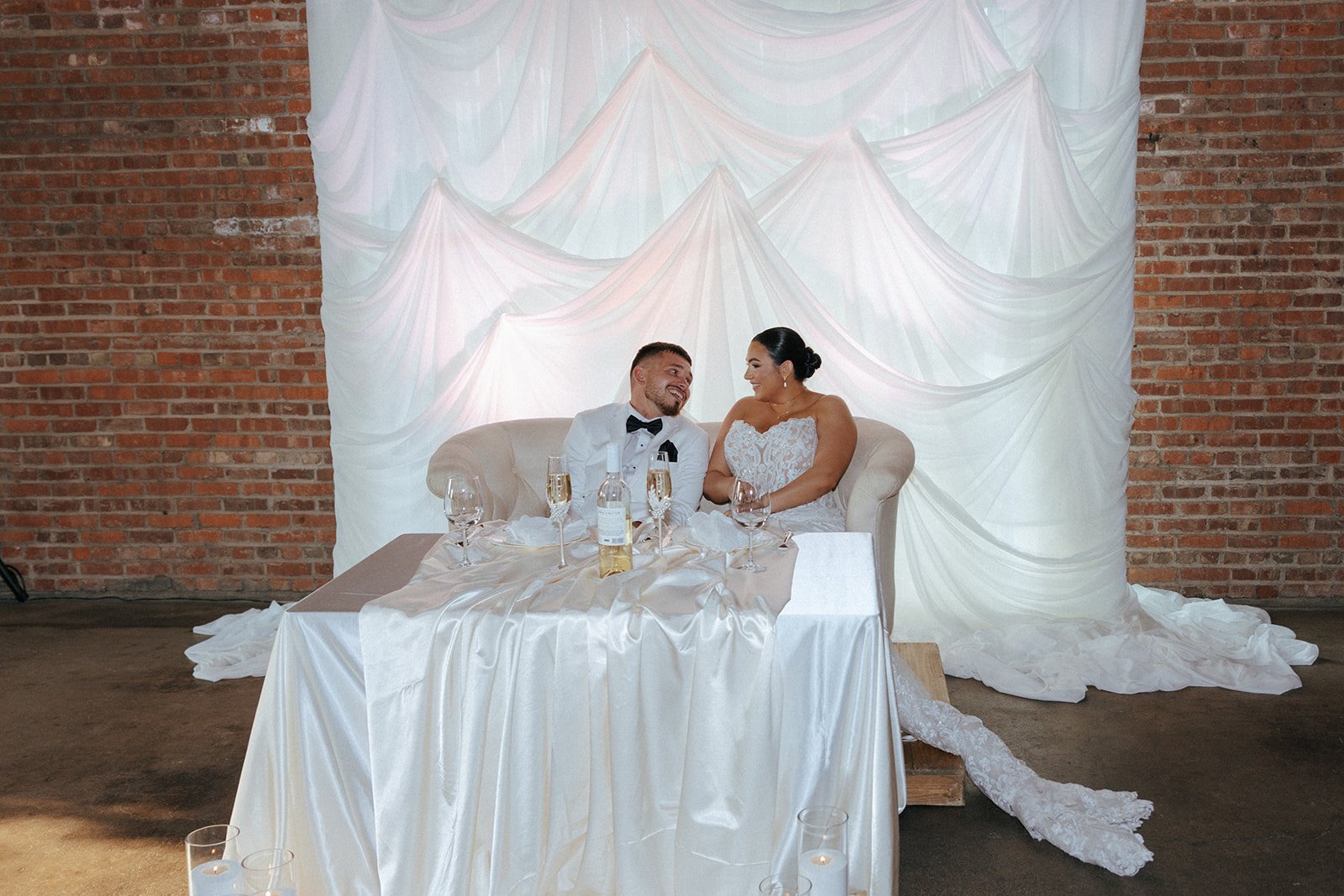 bride and groom in reception hall at cannery in eureka illinois