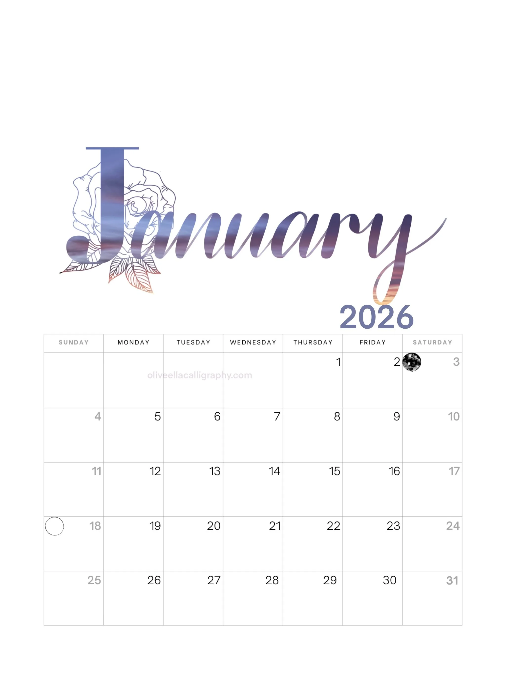 January 2026 calendar with a floral design and a watercolor background behind the word 'January' at the top.