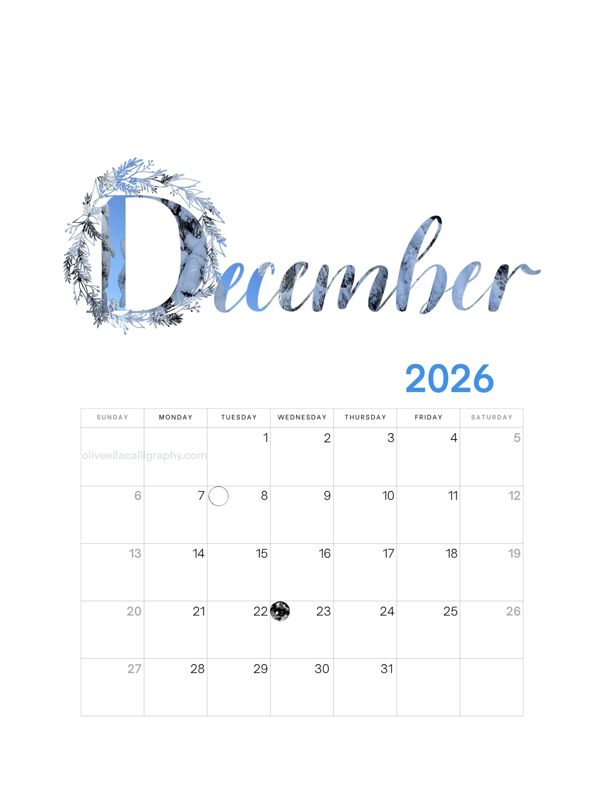 2026 December calendar with a decorative title featuring a snowy wreath around the word 'December'.
