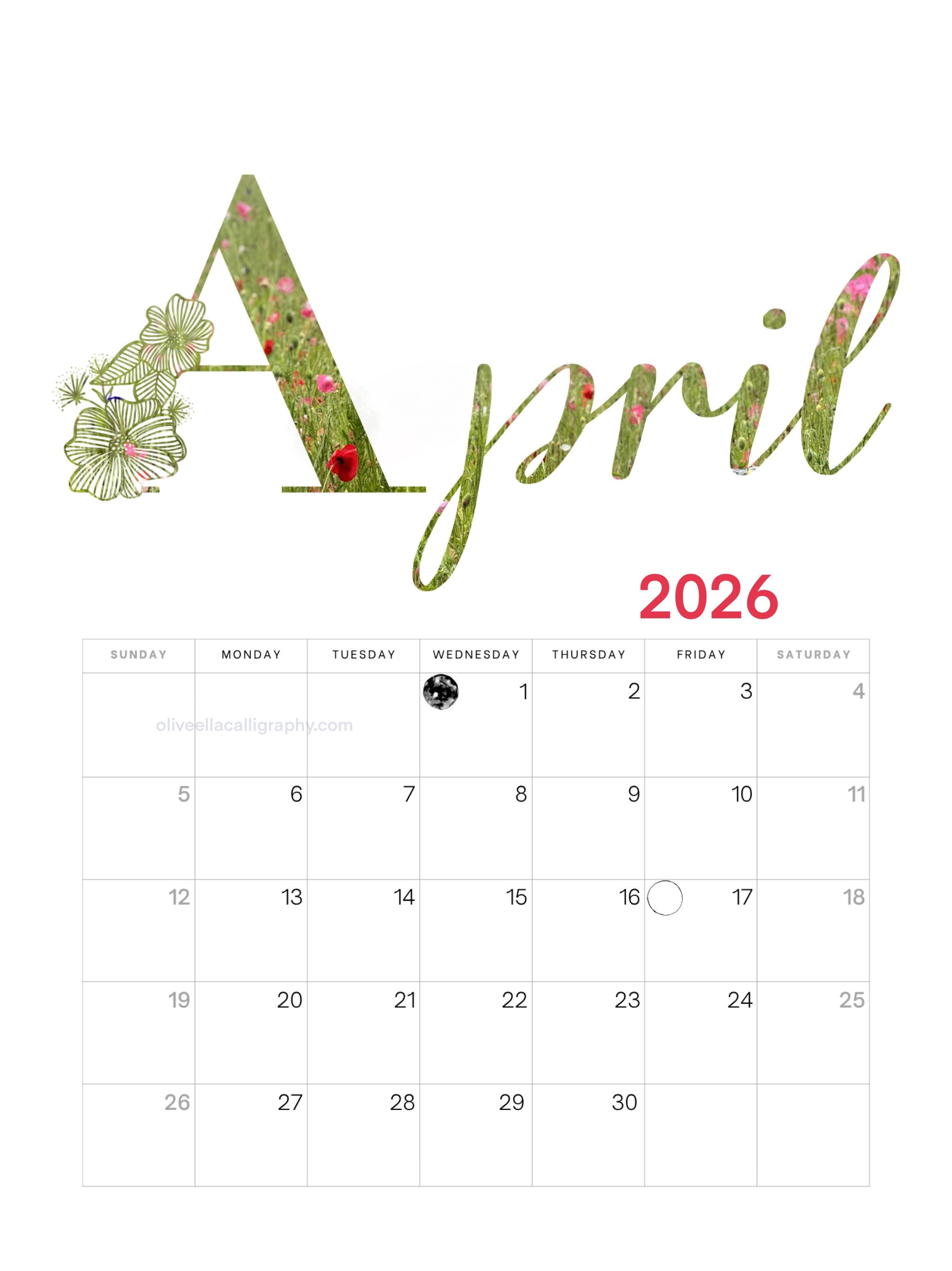 2026 calendar for the month of April with a decorative header that says 'April' in a floral design, featuring a large 'A' and the word 'pril' filled with a floral pattern, and a small '2026' in red.