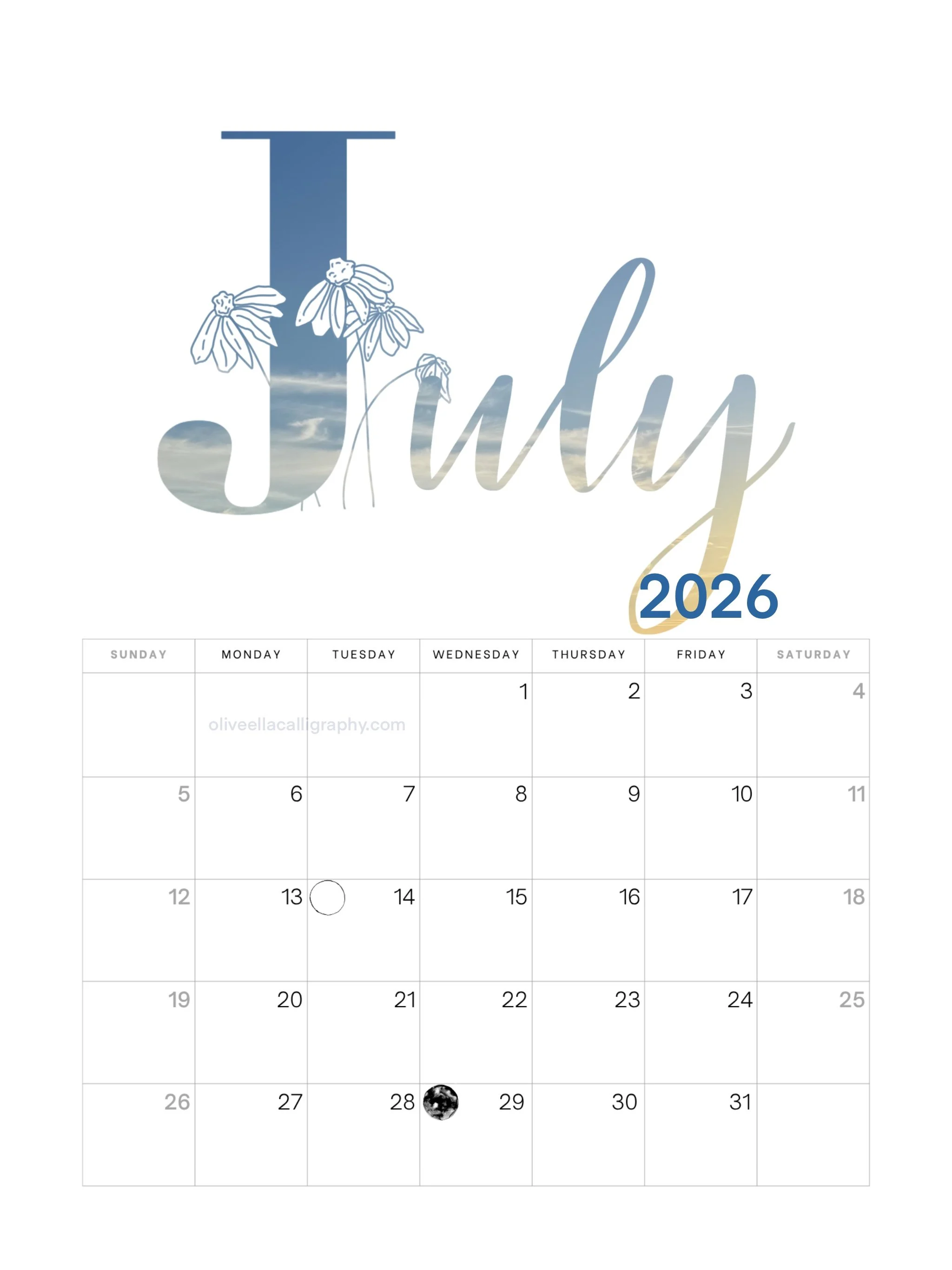A calendar for July 2026 featuring a sky background with clouds, a large letter 'J' with flowers and clouds, and the word 'July' in cursive font, with the year '2026' highlighted.