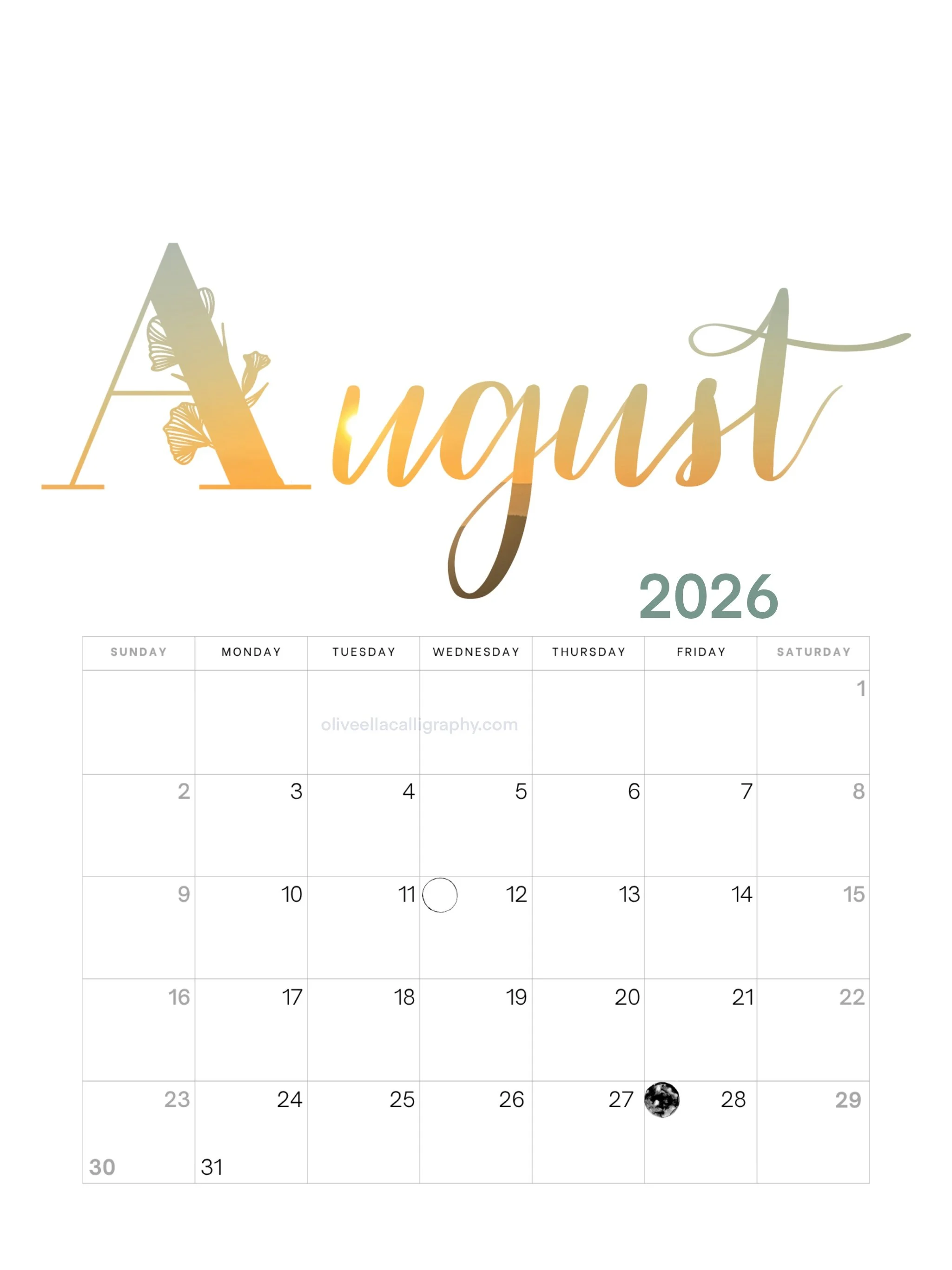 August 2026 calendar with a decorative header featuring the word 'August' in cursive with a butterfly within the letter 'A' and a gradient color effect.
