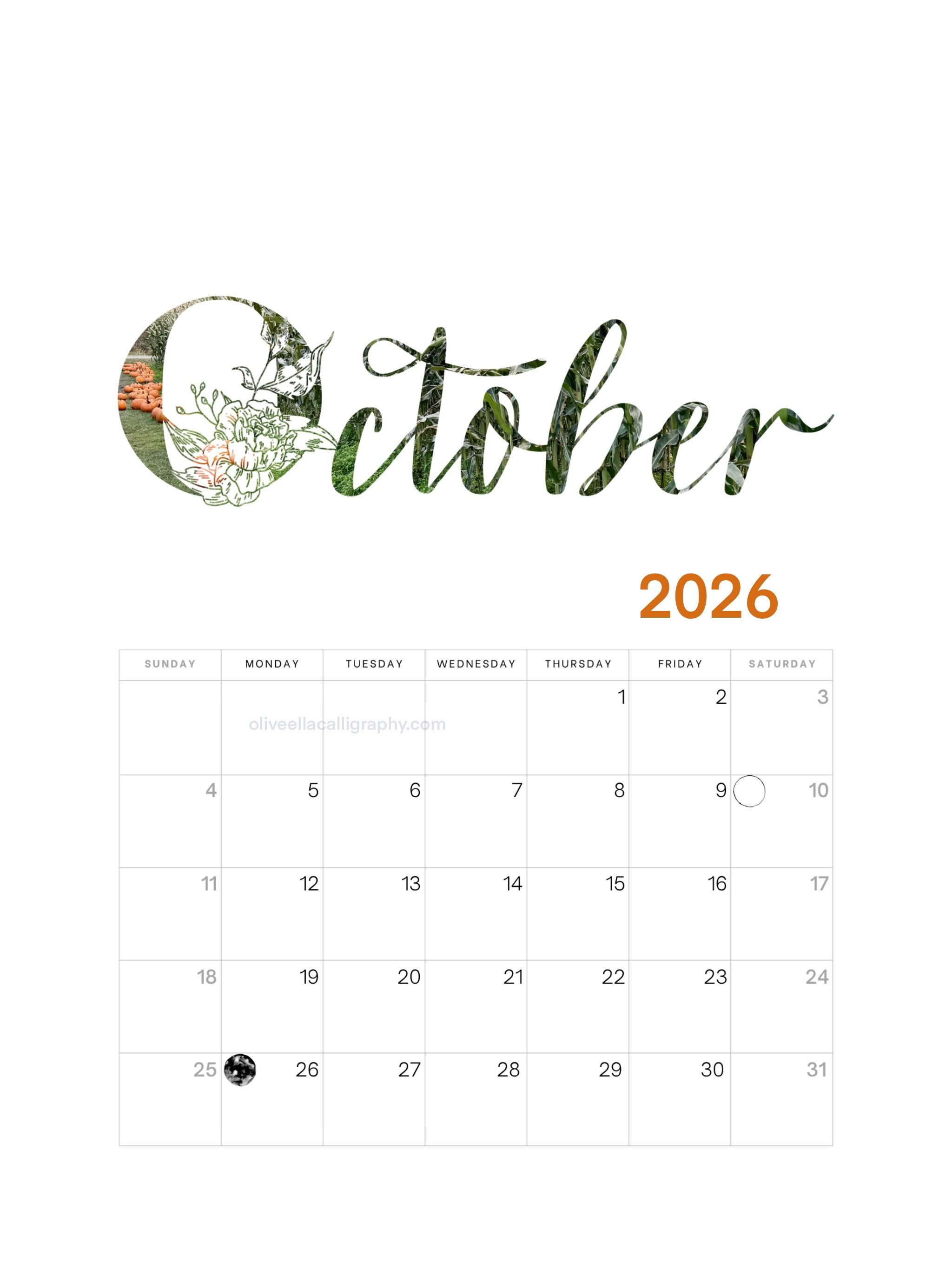 2026 calendar for October with a decorative 'October' text featuring a flower and grass theme, and a small moon icon on October 25th.