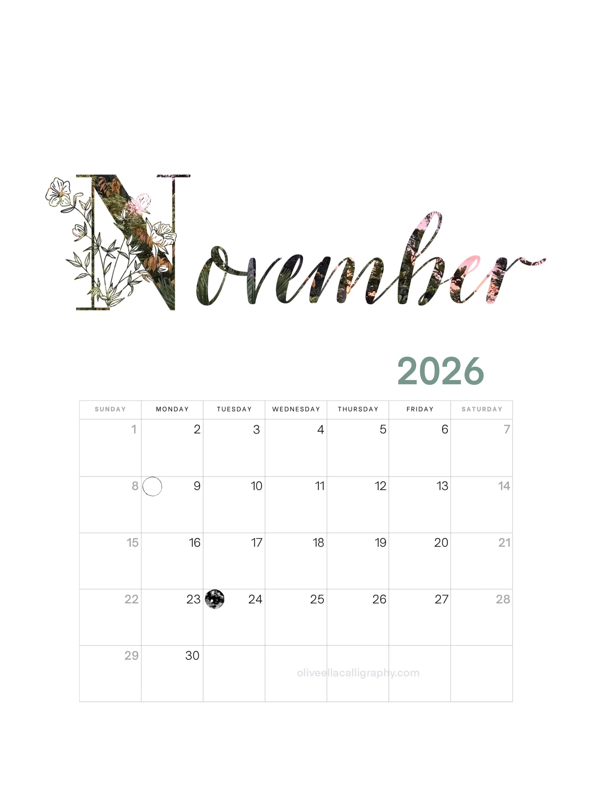 2026 calendar for November with decorative floral design and Earth image on the 23rd.