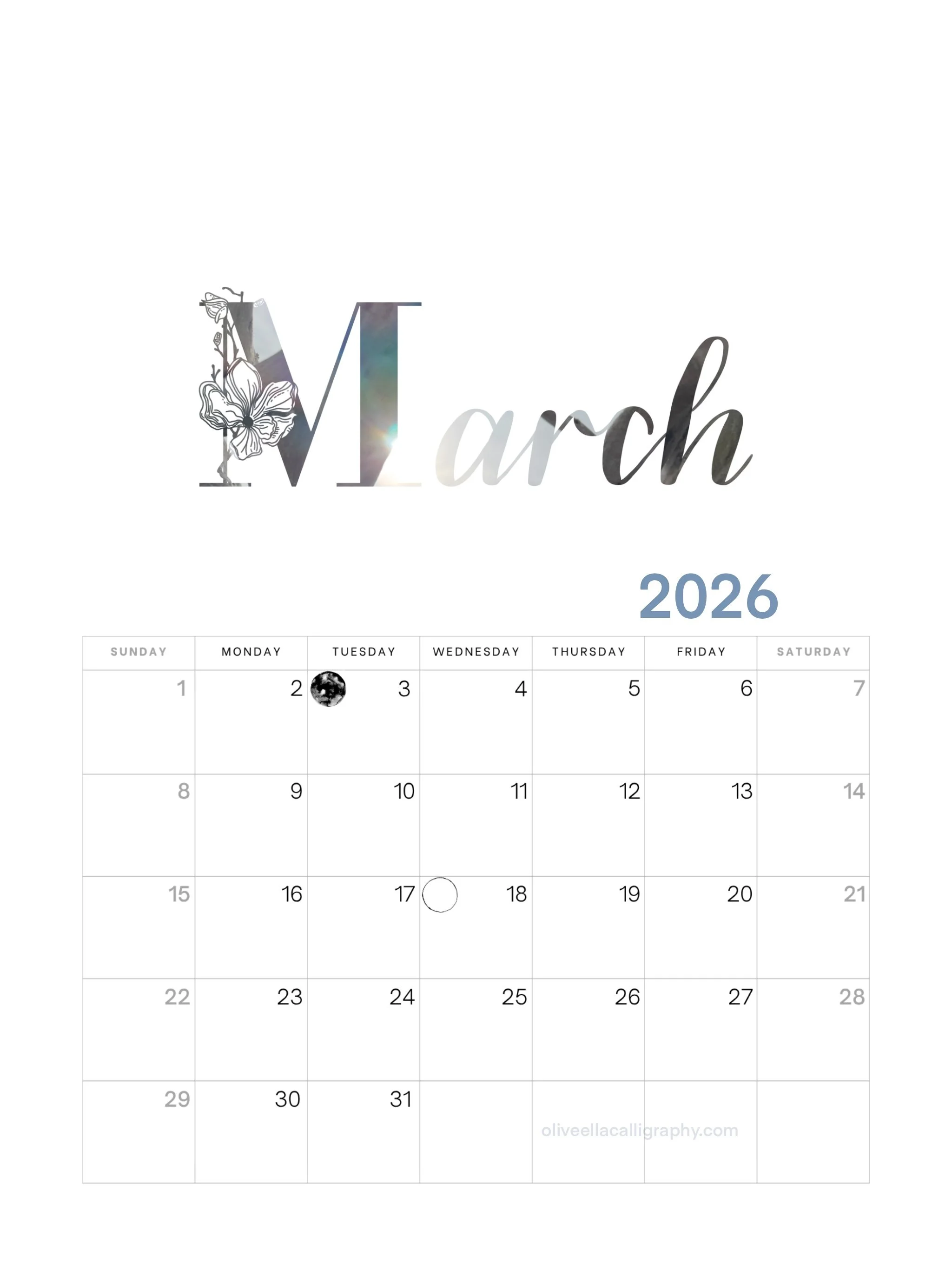 2026 March calendar with decorative title and floral design on the letter M.