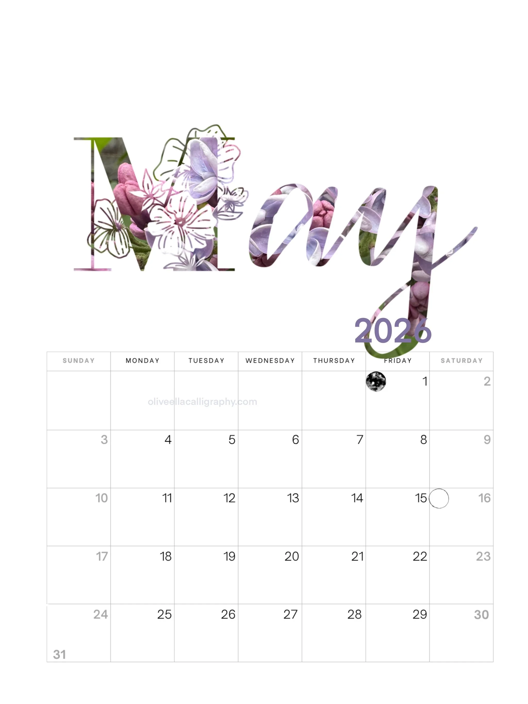 2026 calendar page for May with floral and butterfly design in the header