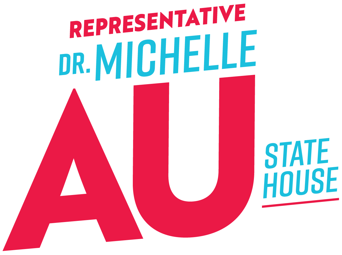 Text graphic with the words 'Representative Dr. Michelle AU State House' in red and blue font on a black background.