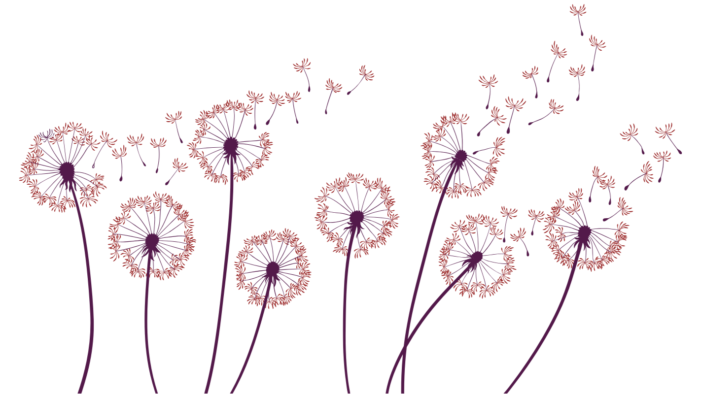 Illustration of dandelion seed heads drifting on the wind, with red petals and purple stems on a cream background.