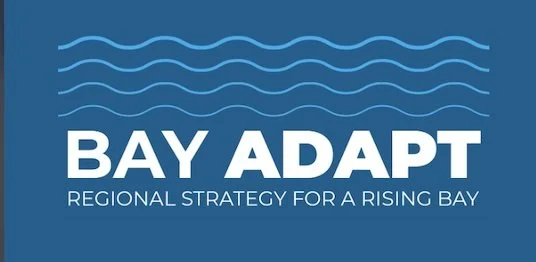 Bay Adapt logo with wavy blue lines above white text reading "BAY ADAPT" and "REGIONAL STRATEGY FOR A RISING BAY" on a blue background.