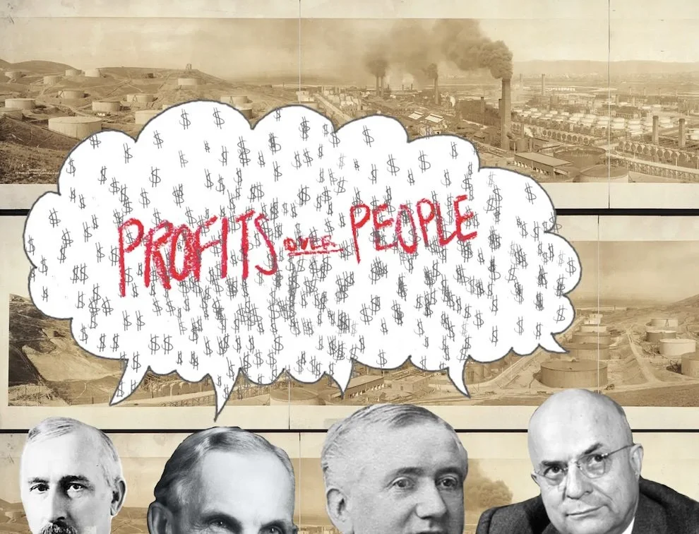 Illustration depicting the words “Profits over people”