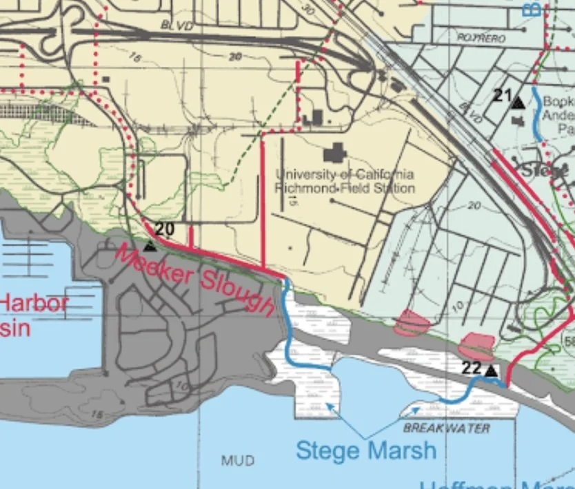 A topographic map showing Meeker Slough and Stege Marsh near the University of California Richmond Field Station and Hoffman Marsh.