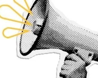 A halftone-style illustration of a hand holding a megaphone with yellow sound waves, set against a white background with a sticker border.