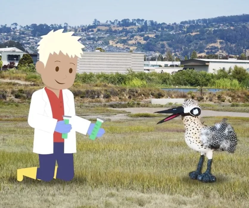 Cartoon scientist in a lab coat holds green test tubes next to a spotted bird wearing goggles in a marshy outdoor field.