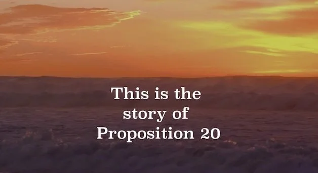 Text against a background of ocean waves under an orange sunset sky reads, "This is the story of Proposition 20.