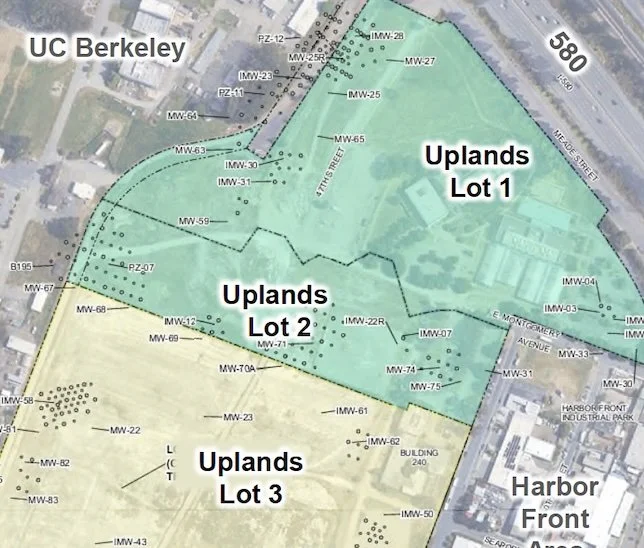 Aerial map of the Richmond Field Station showing three numbered "Uplands Lots" with various monitoring wells and surrounding industrial areas.