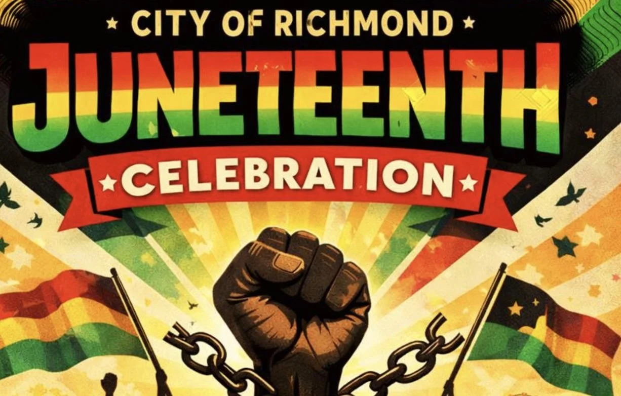 Poster for the City of Richmond Juneteenth Celebration, featuring a raised fist breaking chains with pan-African flags.