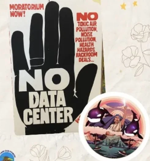 A "NO DATA CENTER" poster featuring a large black hand silhouette next to a circular illustration of a person surfing with orcas.
