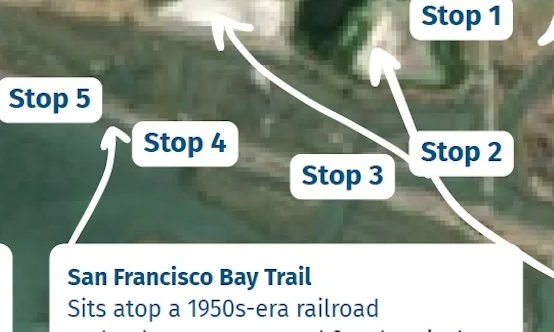 Map snippet showing San Francisco Bay Trail with labeled stops 1–5 and arrows indicating route directions along the shoreline.