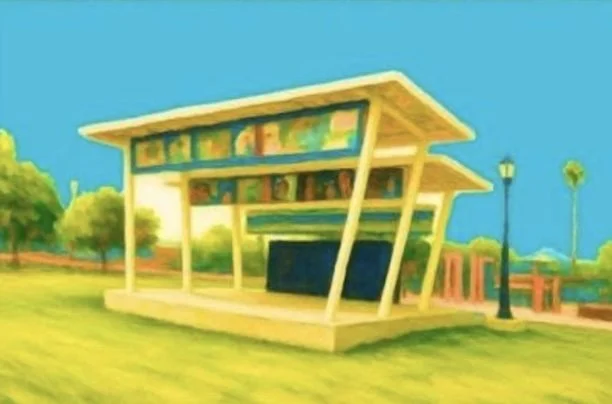 A painting of a bright park bandstand with colorful art panels under a clear blue sky, next to a vintage street lamp.