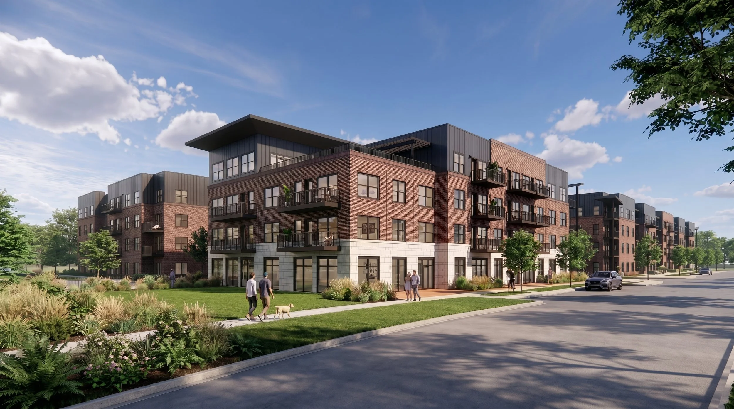 Rendering of The Republic planned for Evansville. A four-story building with commercial space on the first floor and  apartments on the upper floors with elevated amenities, including a roof-top deck.