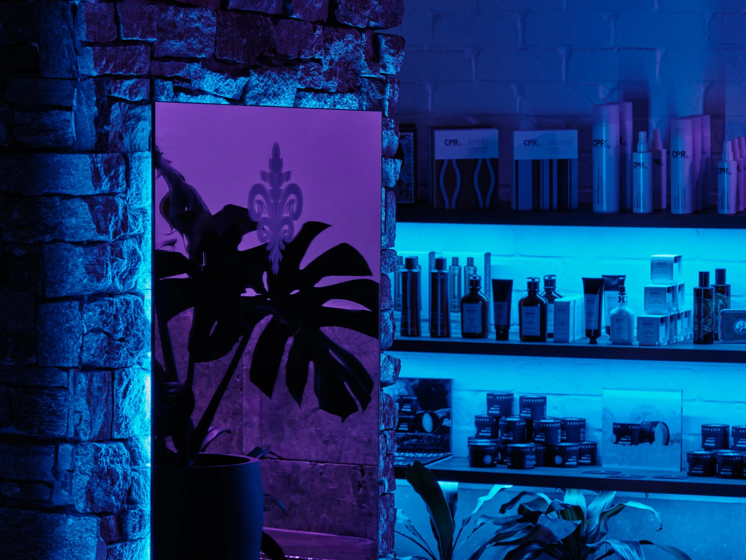 A dimly lit room features a brick wall illuminated with blue and purple lighting. There is a large potted plant silhouette near a mirror or painting on the wall. Shelves in the background display various bottles and boxes of skincare or hair products