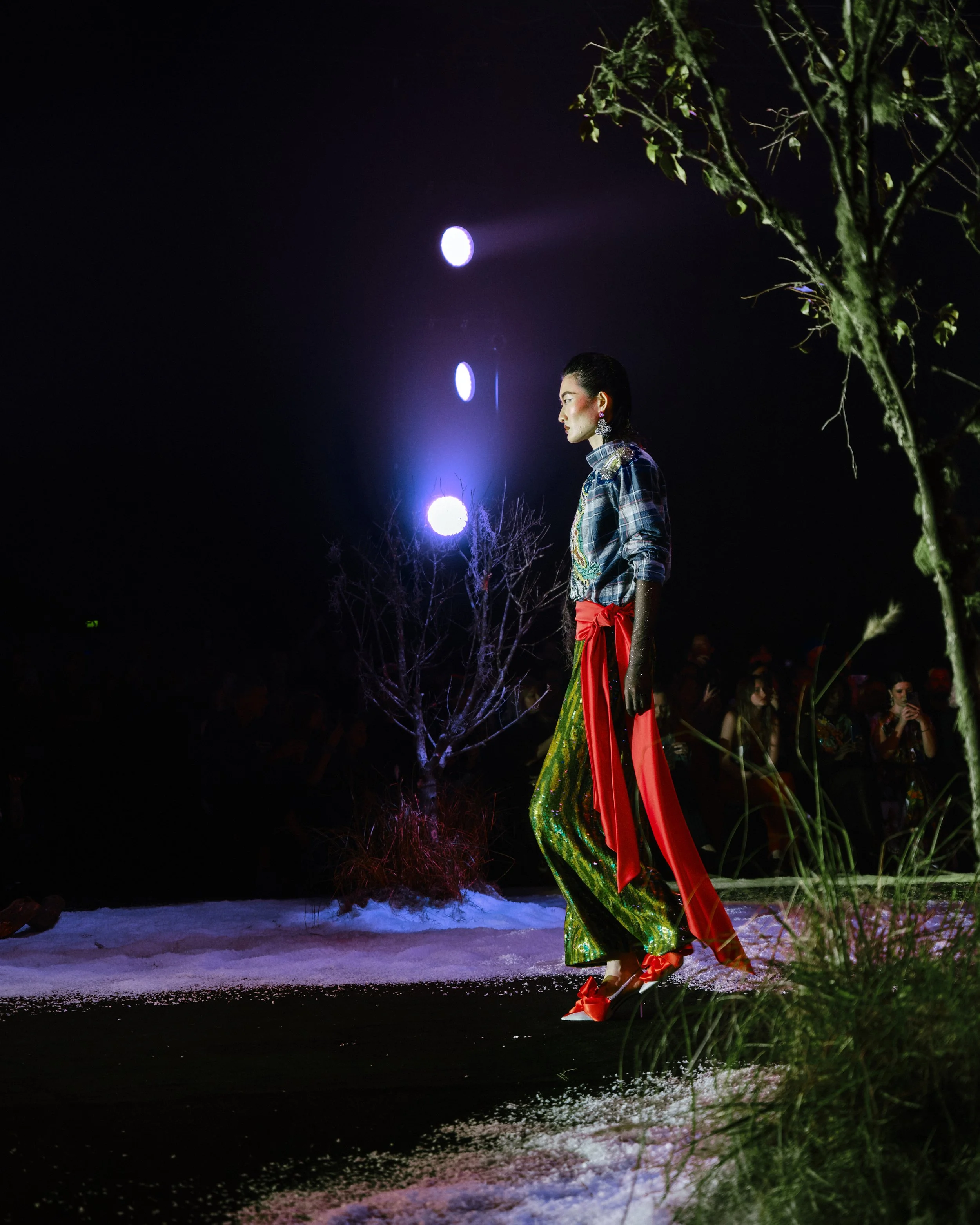 Editorial fashion image of Romance Was Born look with layered textures and colour