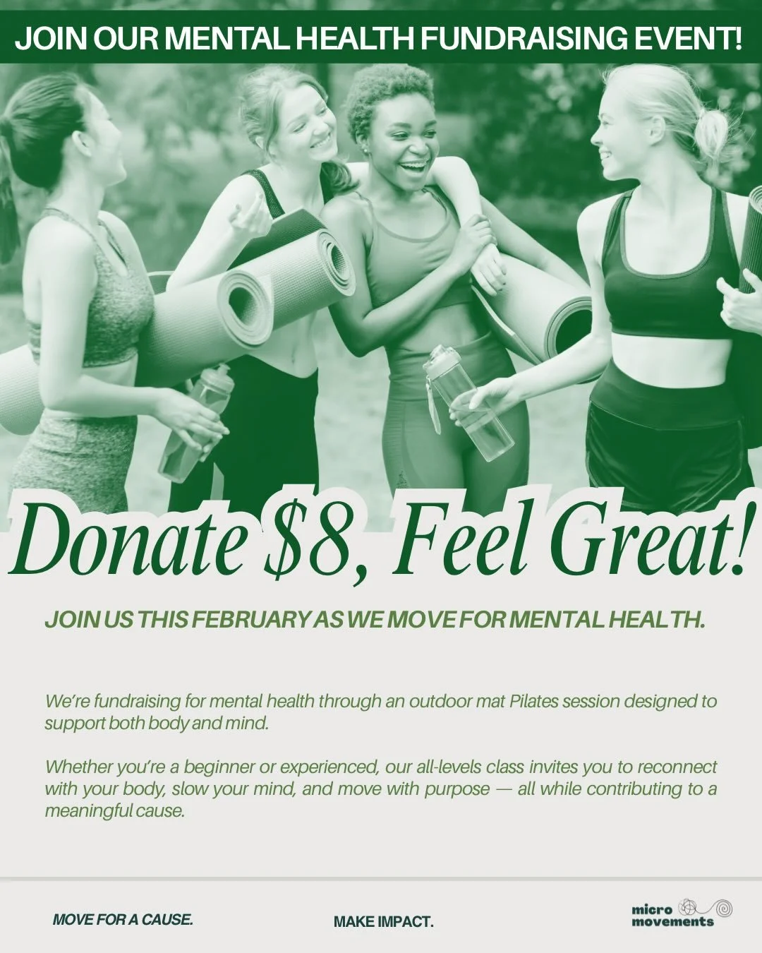 We&rsquo;re moving for mental health 💚

This February, Micromovements is hosting a fundraising outdoor mat Pilates session to support mental health awareness.

As physiotherapists, we see it every day &mdash; movement isn&rsquo;t just physical, it&r