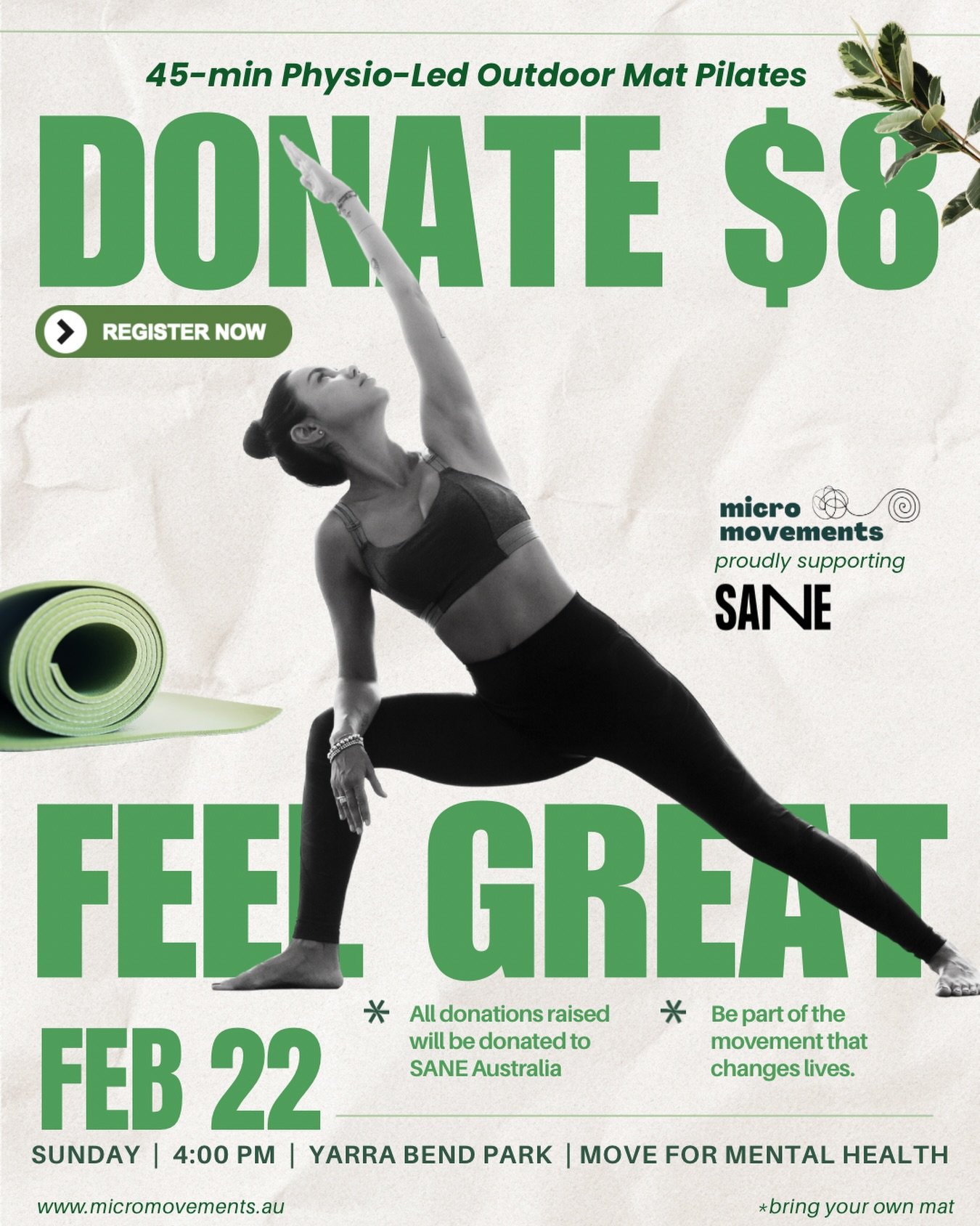 Move your body. Support mental health. Do something that actually matters. 💚
This isn&rsquo;t just a Pilates class.
It&rsquo;s 45 minutes outdoors, guided by a physio, moving with intention &mdash; and knowing your donation is helping someone who ne
