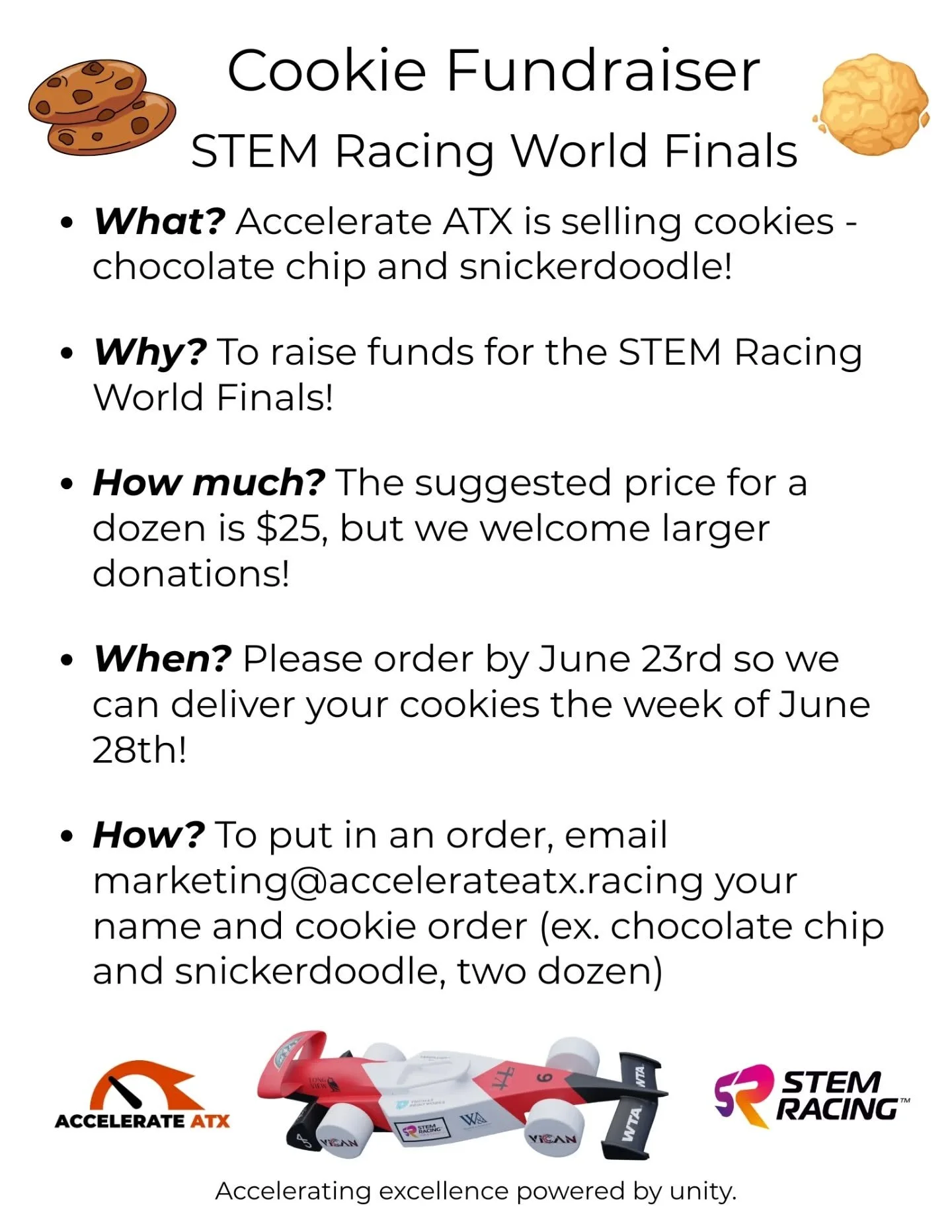 Accelerate ATX is running a cookie fundraiser to help raise funds for our journey to the STEM Racing World Finals!  If you'd like to support the team, please send your order to us at marketing@accelerateatx.racing!

#cookie #bakesale #fundraiser #foo