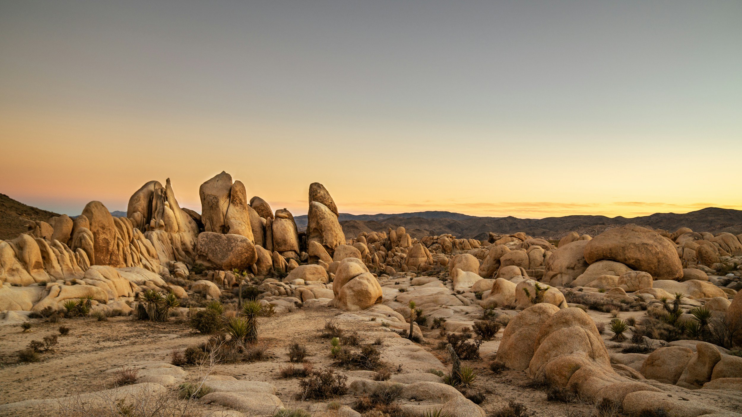 Desert landscape with large rock formations and sparse vegetation at sunset