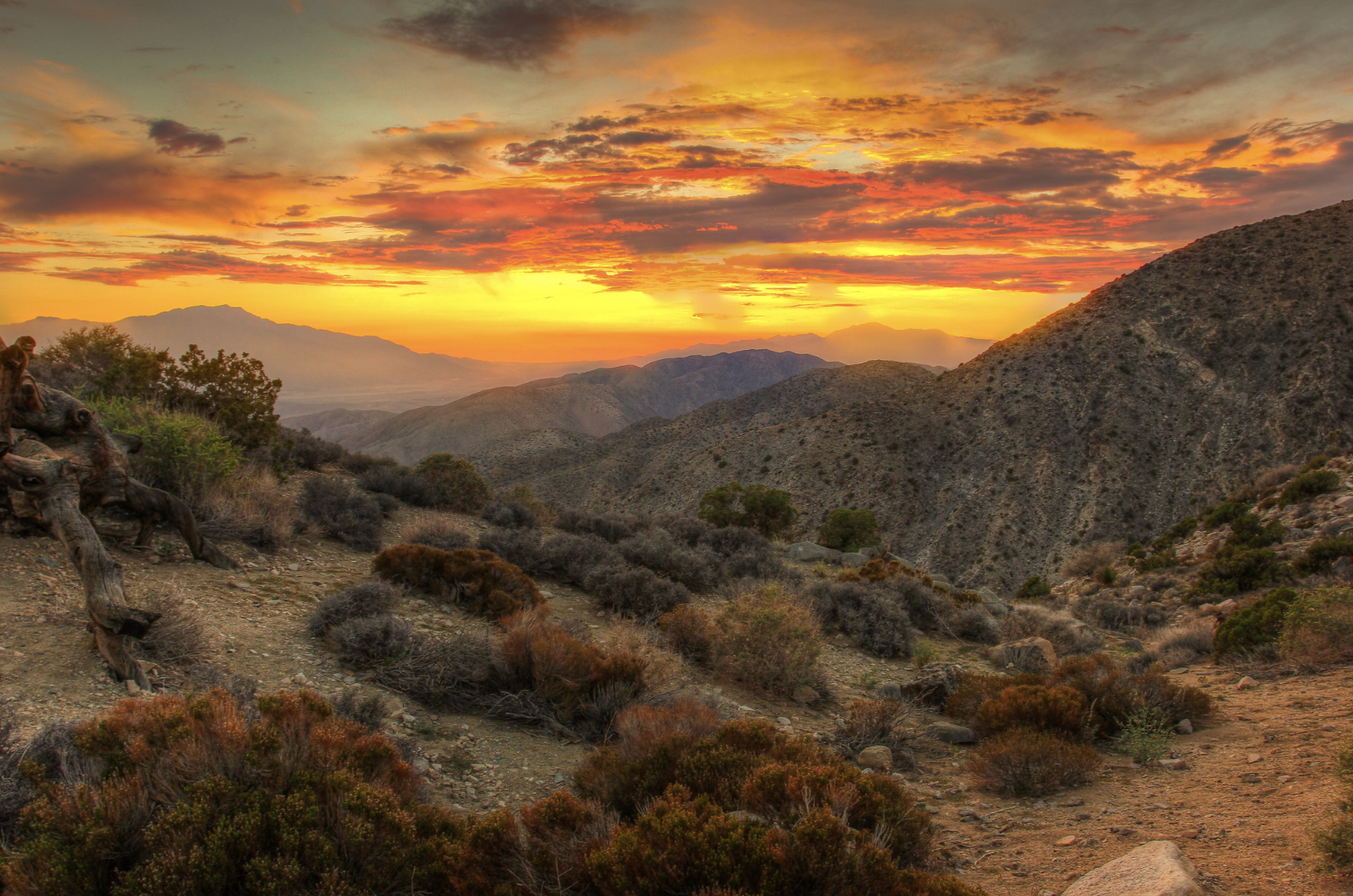 A desert landscape at sunset with mountains, dry bushes, and a colorful sky with orange, yellow, and purple hues.