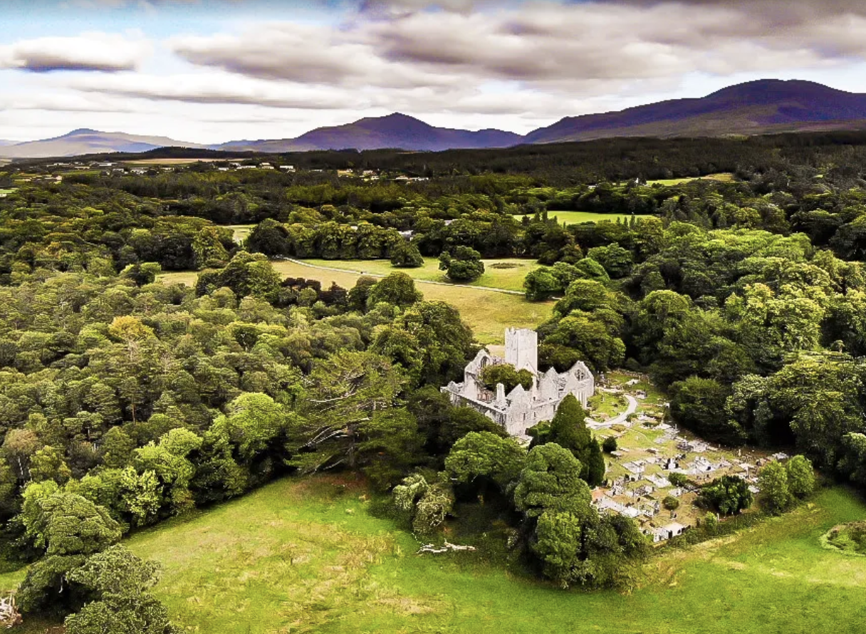 Aerial view of a castle surrounded by dense trees and rolling hills with mountains in the background under cloudy skies in south Ireland.