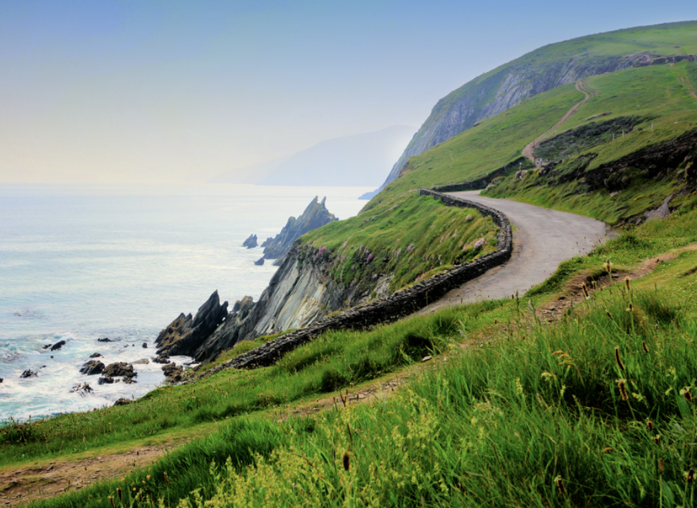 A coastal landscape with a winding dirt path along green grassy hills, overlooking rocky cliffs by the ocean under a clear sky in south Ireland.