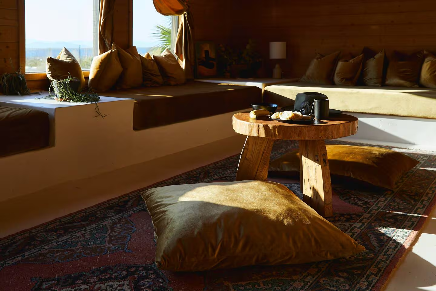 Sunlit cozy living room with window seat, wooden coffee table, plush cushions, area rug, and a window view in the background.