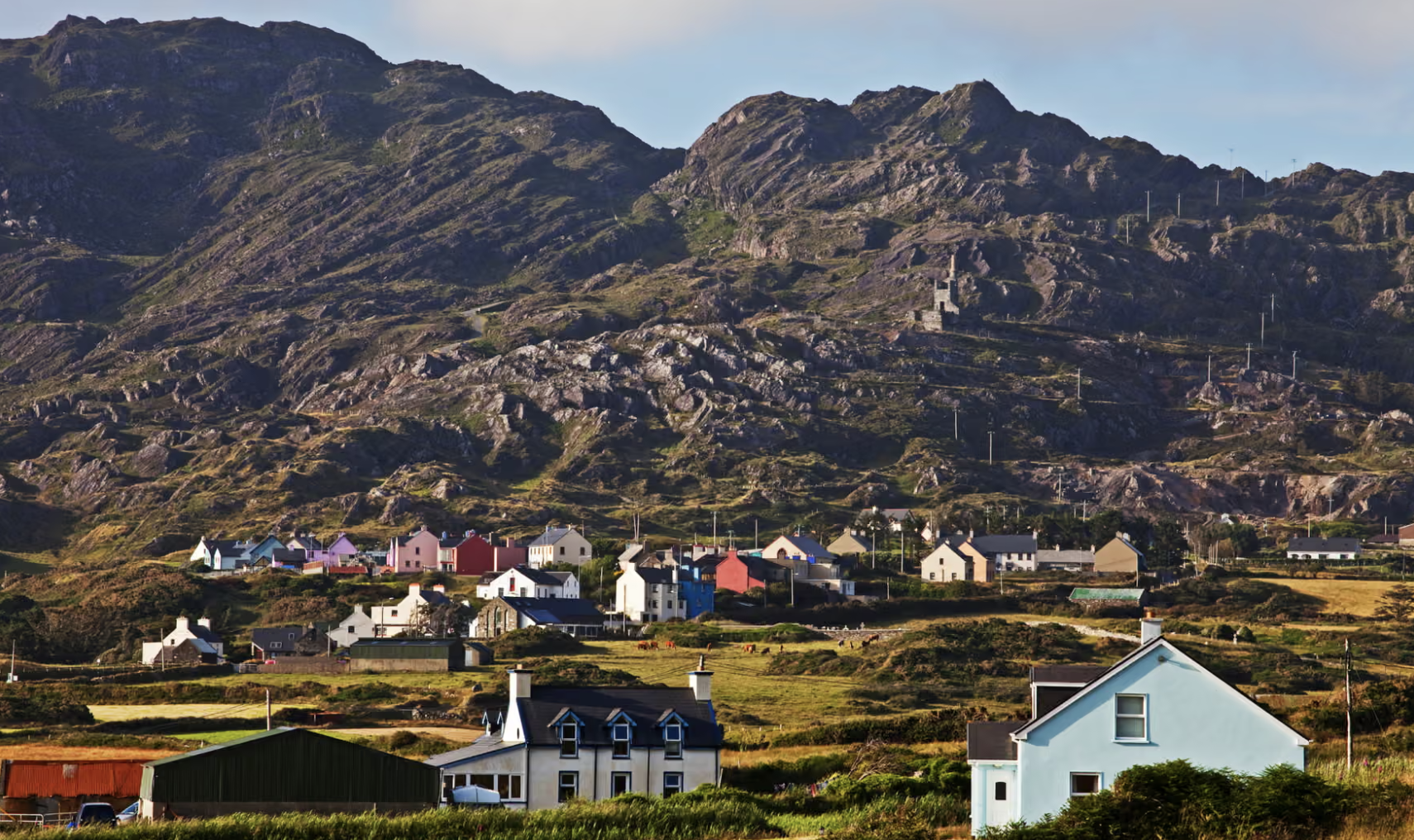 Scenic landscape of a coastal village in Ireland with colorful houses at the base of rugged mountains under a partly cloudy sky.