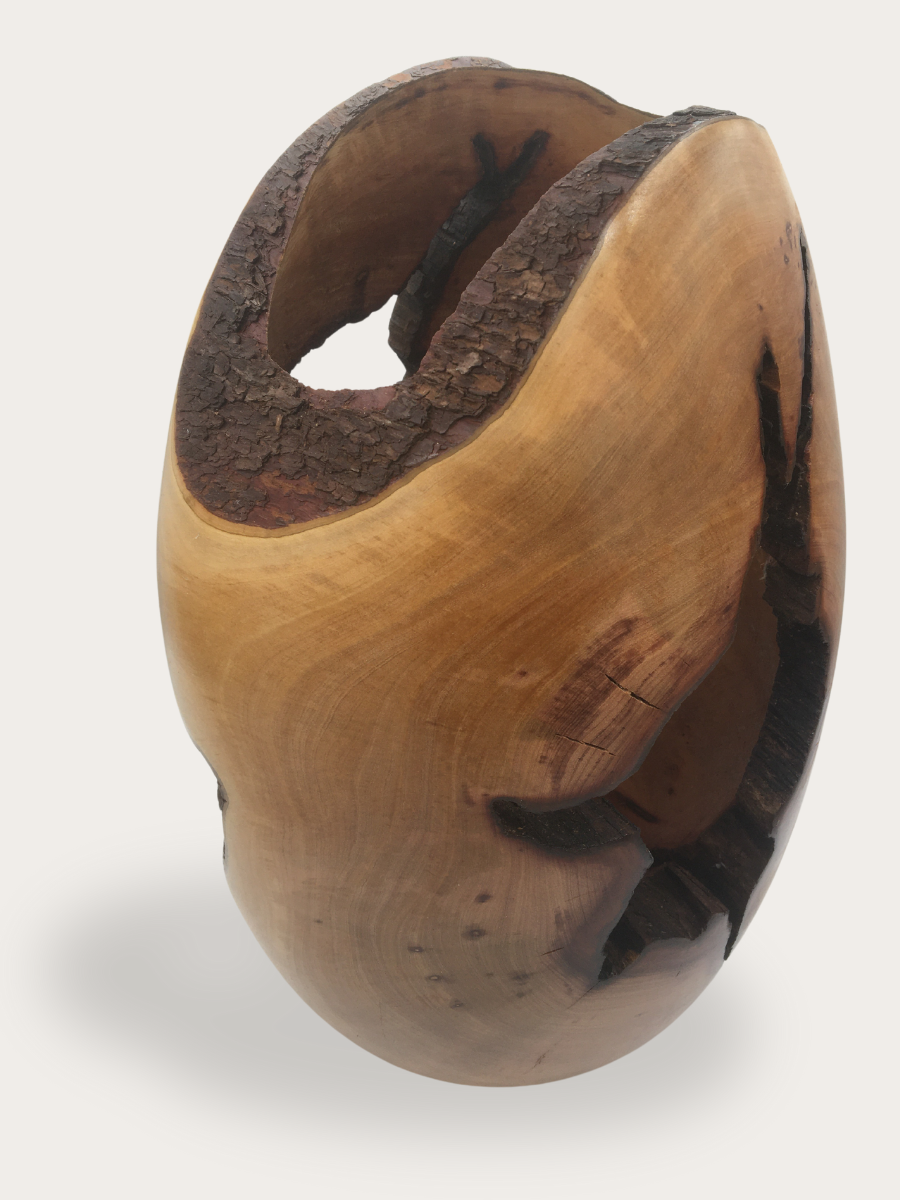 Decorative wooden sculpture with natural cracks and bark edges.