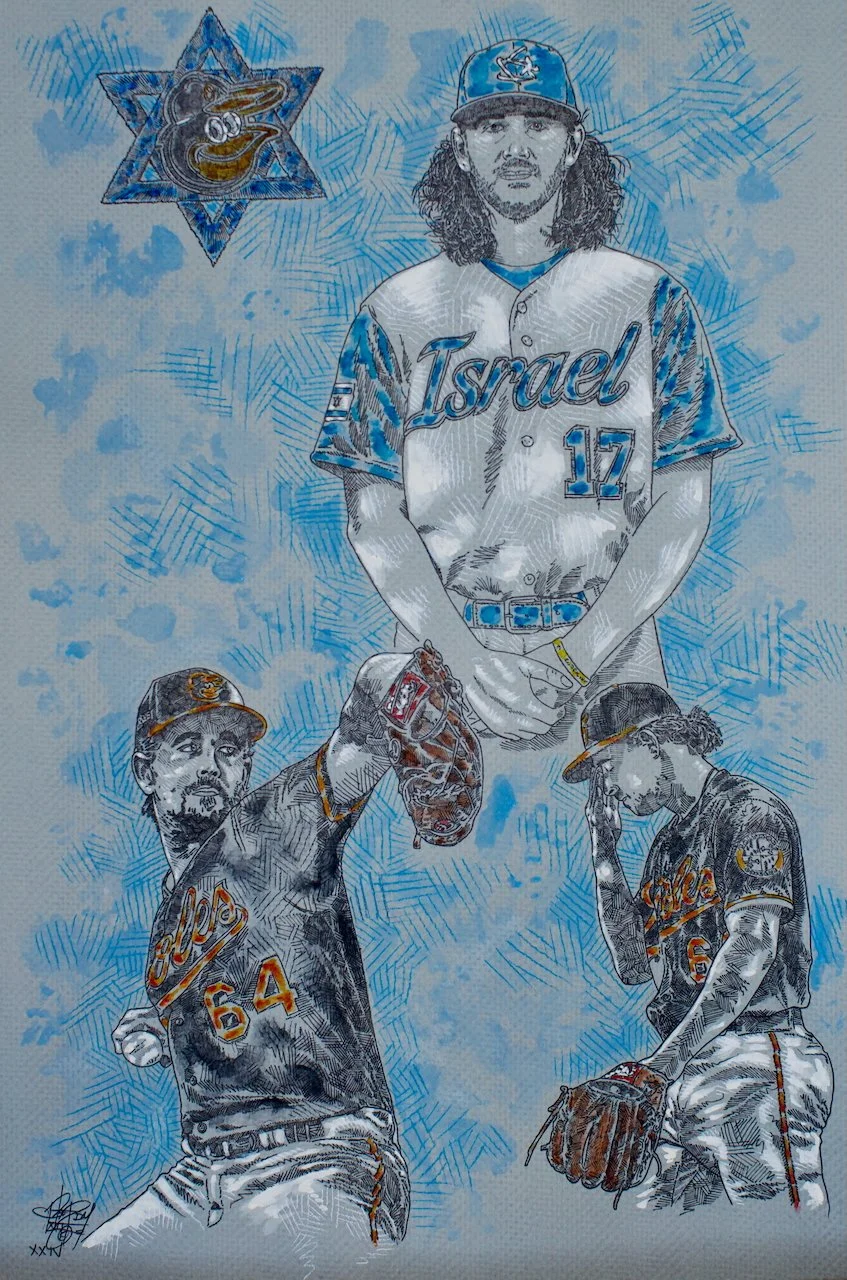 Illustration of three baseball players in Baltimore Orioles uniforms. The central player holds a glove and is above the other two. The background is blue with patterns, and a star-shaped logo with a cartoon bird is in the top left corner.