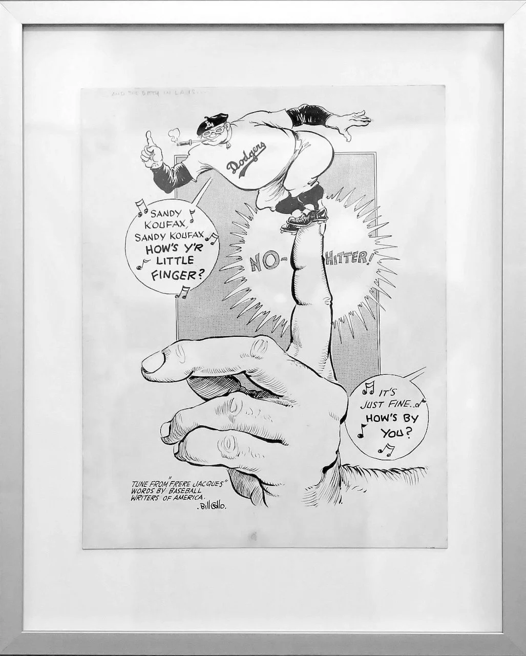 A black-and-white cartoon illustration of a baseball player in a Dodgers uniform balancing on a baseball glove. The glove is held by a large hand in the foreground. The player is talking to a character resembling a finger, asking about its health and