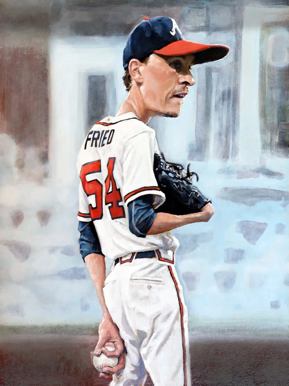 Painting of a baseball player wearing a white uniform with red and black accents, holding a bat in one hand and a glove on the other, with the name 'FRIED' and number '54' on the back, wearing a navy hat with a logo.