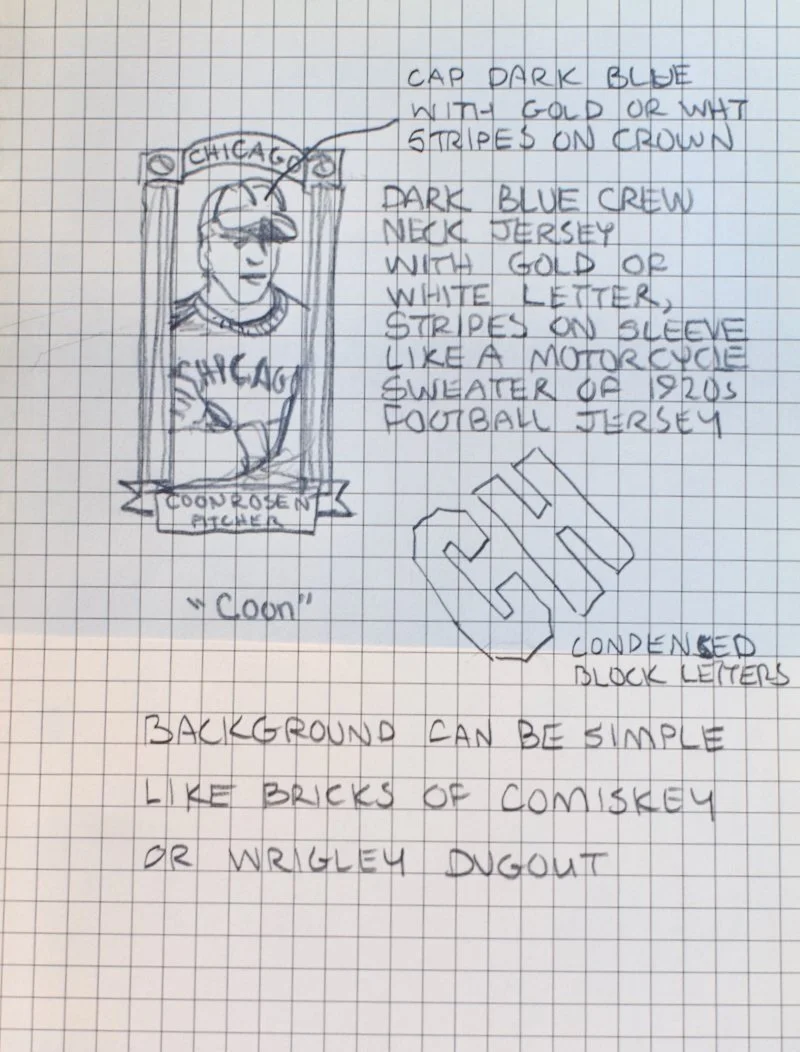 Hand-drawn sketch of a football jersey featuring a Chicago Bears theme, with annotations about colors, stripes, and design details, including a close-up of the jersey's front and wall background resembling bricks or cinder blocks.