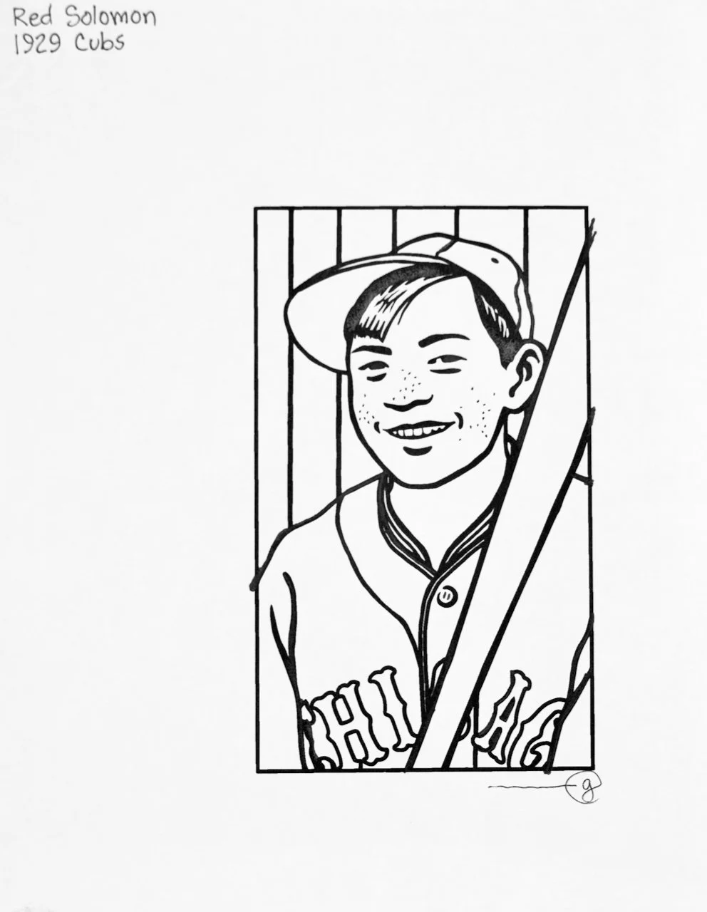 Black and white illustration of a young boy wearing a baseball uniform with 'HOGG' written on it, and a baseball cap, holding a baseball bat.