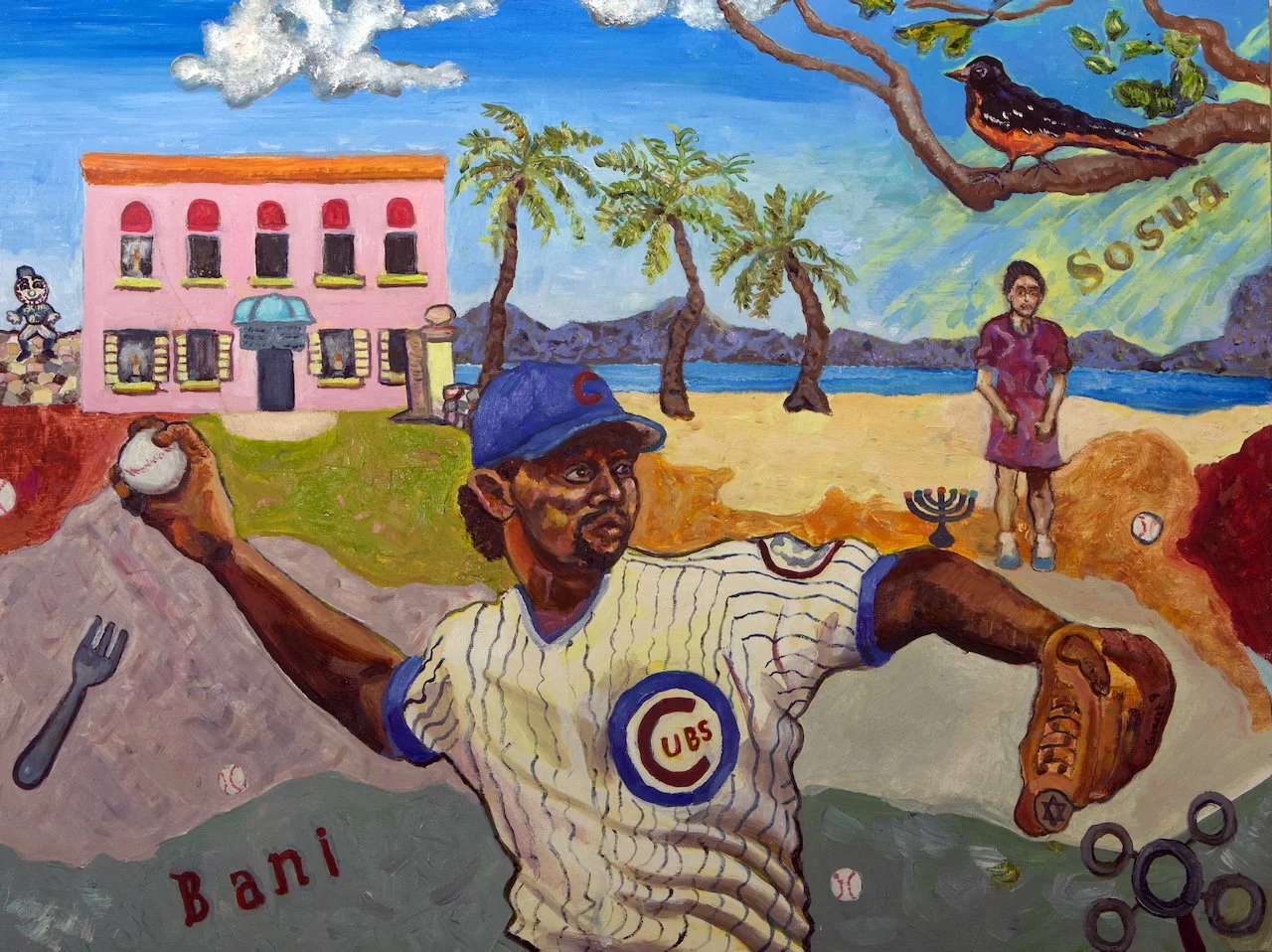 Painting of a baseball player wearing a Chicago Cubs jersey and cap, sitting outdoors with a baseball in hand. Background includes a pink house, palm trees, a beach with water, a woman standing, a bird on a tree, and a man in traditional attire. The scene combines tropical and urban elements.