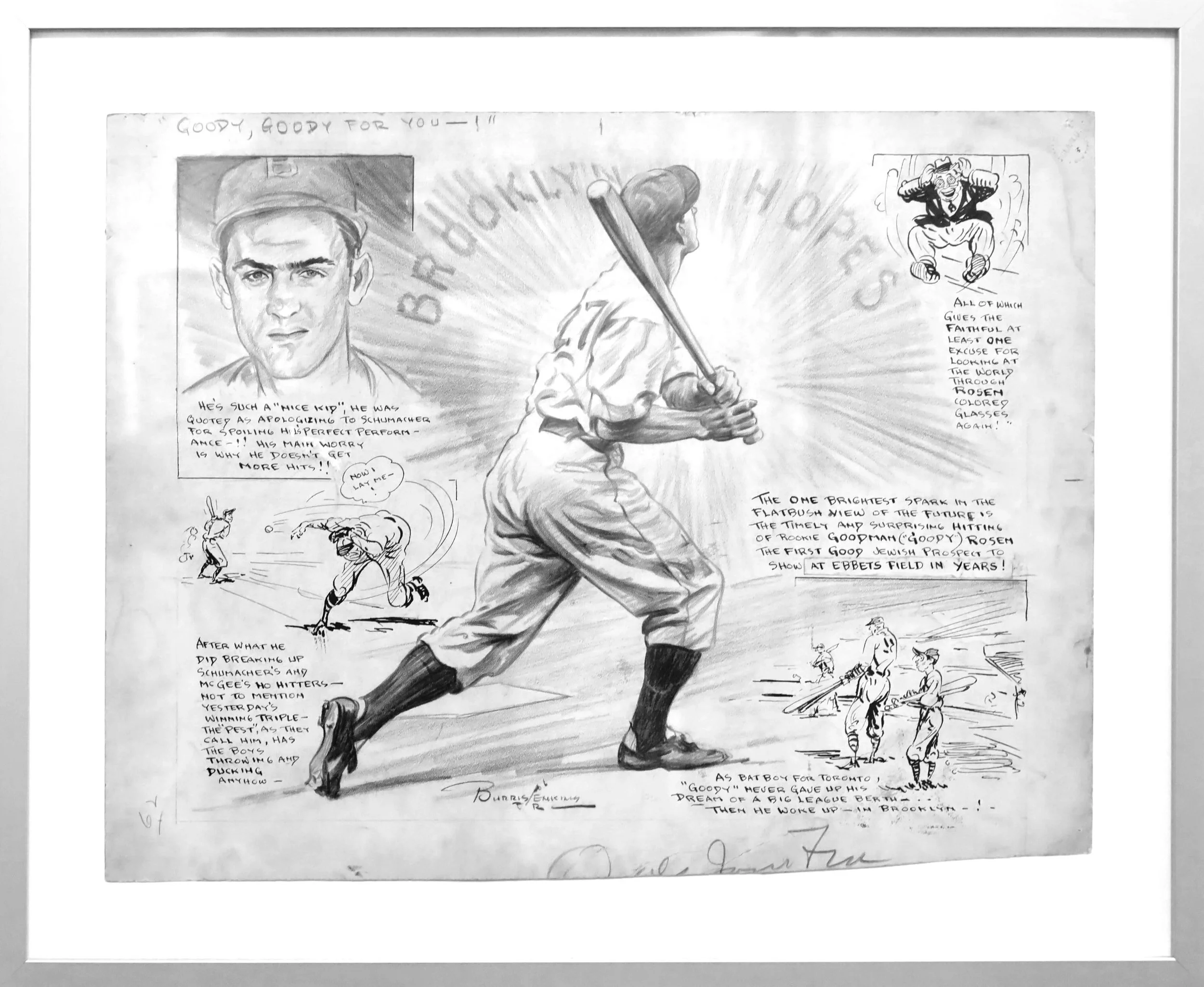 A pencil sketch of a baseball player in uniform holding a bat, with additional smaller sketches and handwritten notes surrounding the main figure. The drawing appears to honor a baseball player and includes references to baseball history.