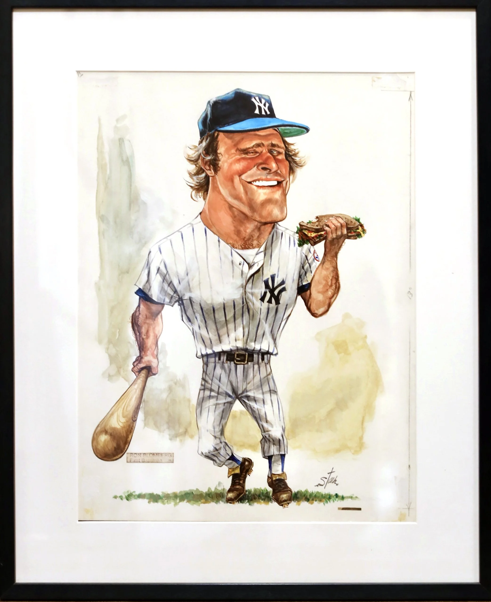 Painting of a smiling baseball player in a vintage uniform with vertical pinstripes, a New York Yankees cap, holding a baseball bat, with grass at his feet and a blank background.